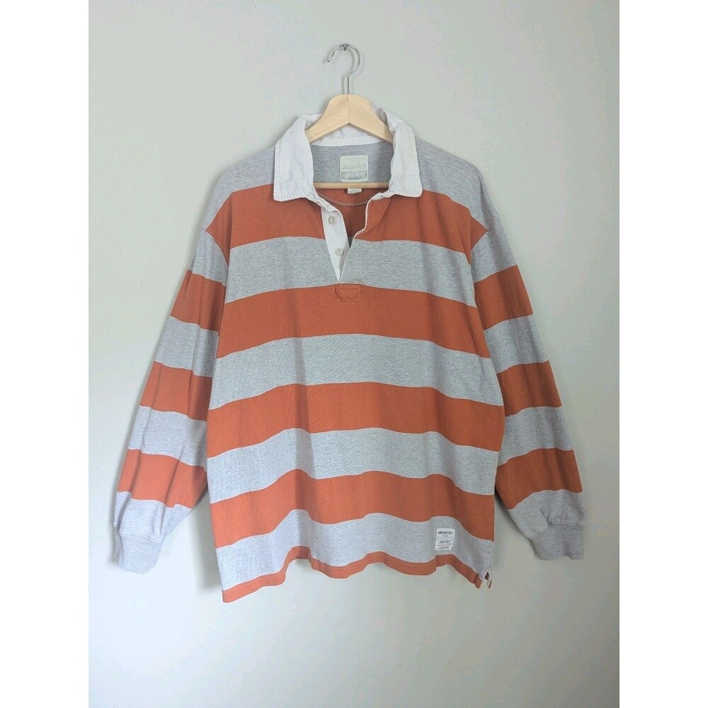 Vintage American Eagle Rugby Jersey Shirt Mens XL Orange Gray Stripe Y2K Cotton